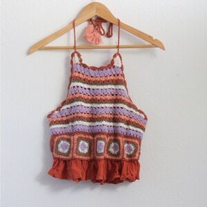Lucky Brand Crochet Halter Crop Top in Rust, Lavender & Cream